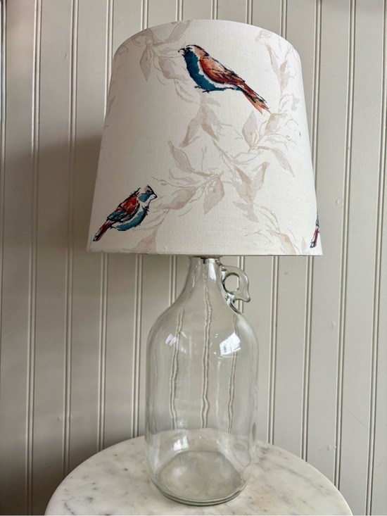 Other - Glass Bottle Jug Table Lamp Birds & Leaves Drum Shade Upcycled Country Farmhouse